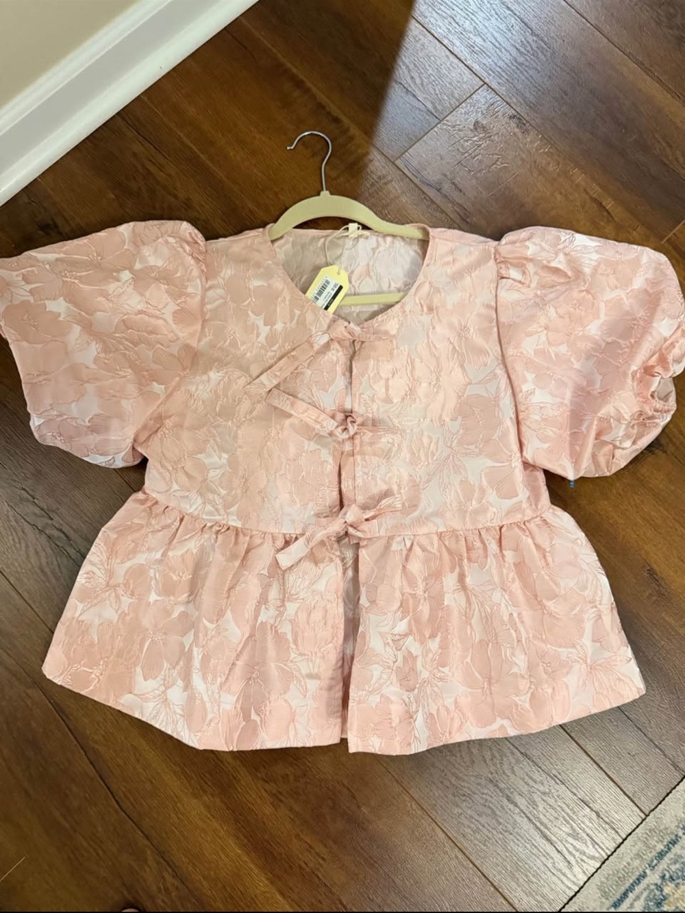 Girls Pink Floral Jacquard Puff-Sleeve Top